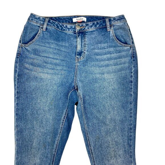 Arula High-Rise Jeans Sz 10 Blue Distressed Split Flare Leg Smart Casual Denim - Picture 3 of 15